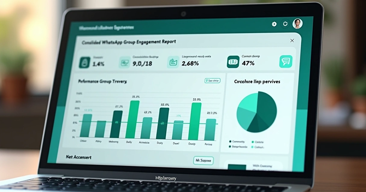 Relatório consolidado de engajamento de grupos WhatsApp exibido em tela de computador e gráfico de barras 