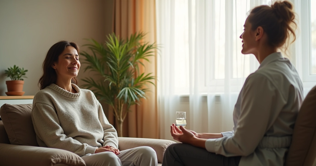 Profissional orientando prática de relaxamento em ambiente acolhedor