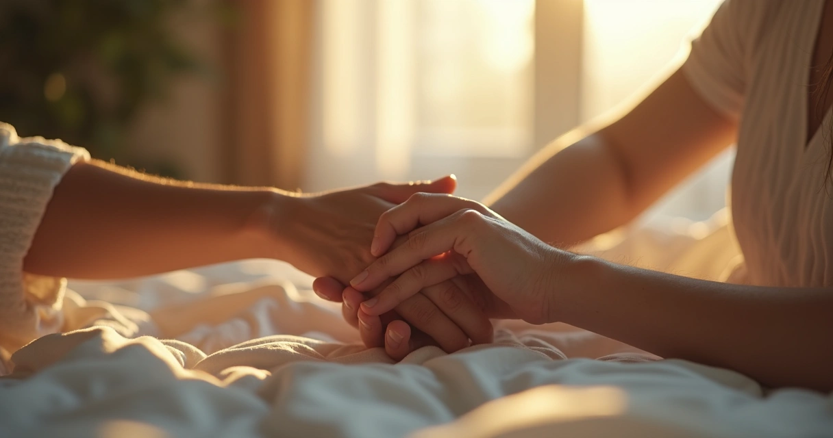 Casal de mãos dadas em um momento íntimo, luz suave vinda da janela 