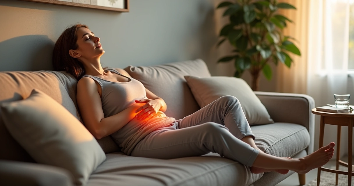 Pessoa em postura relaxada em sofá usando bolsa térmica e respirando com consciência 