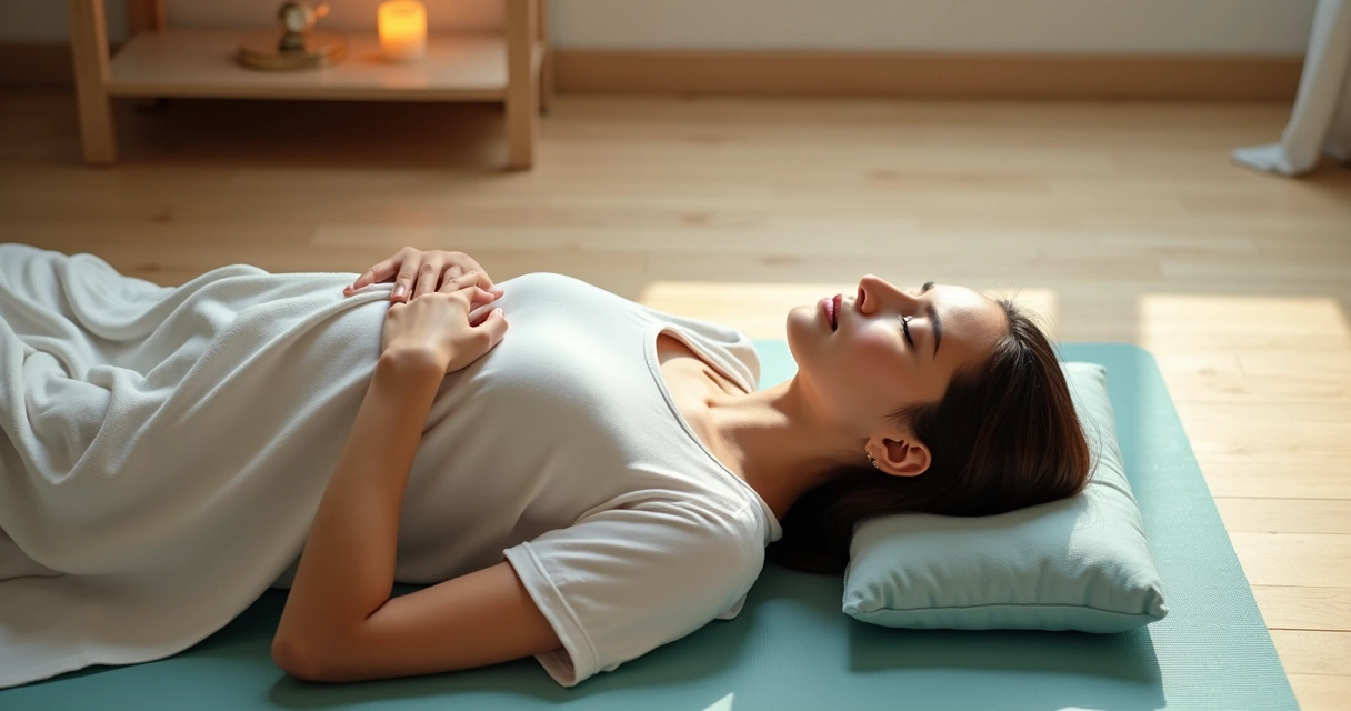 Pessoa deitada em meditação de relaxamento com luz suave 
