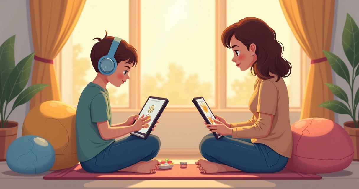 Criança autista sentada com terapeuta em ambiente tranquilo 