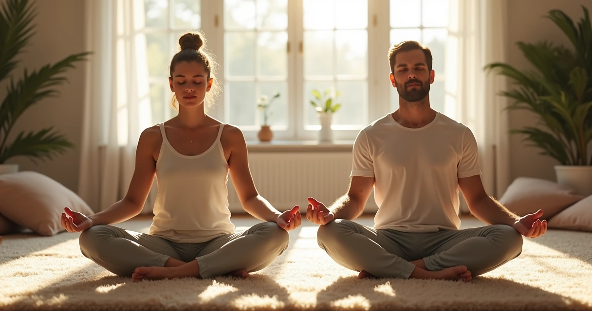 Casal praticando relaxamento juntos no tapete da sala 