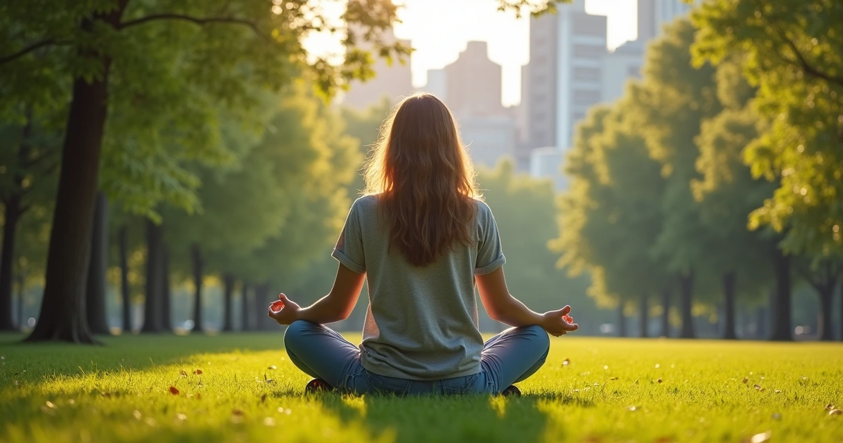 Pessoa relaxando sentada na grama de um parque urbano com árvores ao redor, prédios ao fundo 
