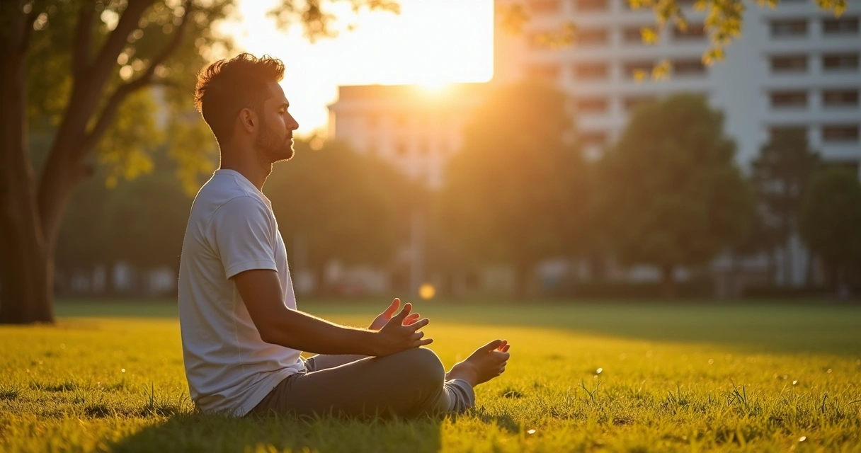 Homem praticando meditação em parque urbano ao pôr do sol 