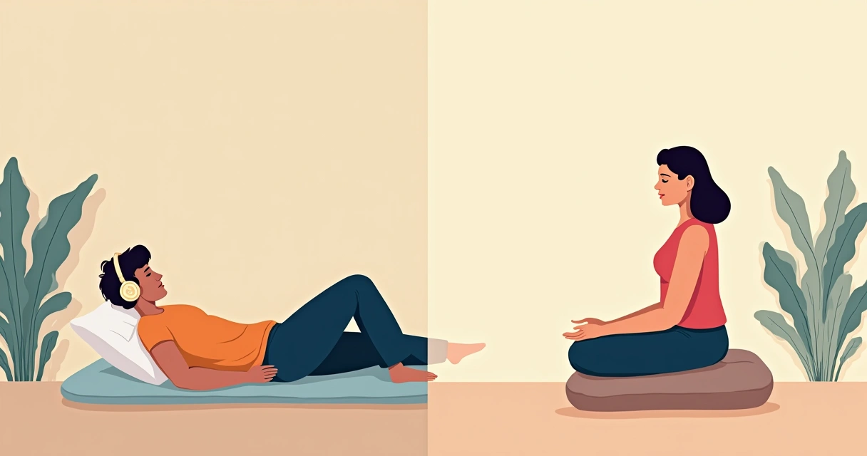 Pessoa deitada ouvindo áudio de relaxamento em ambiente tranquilo