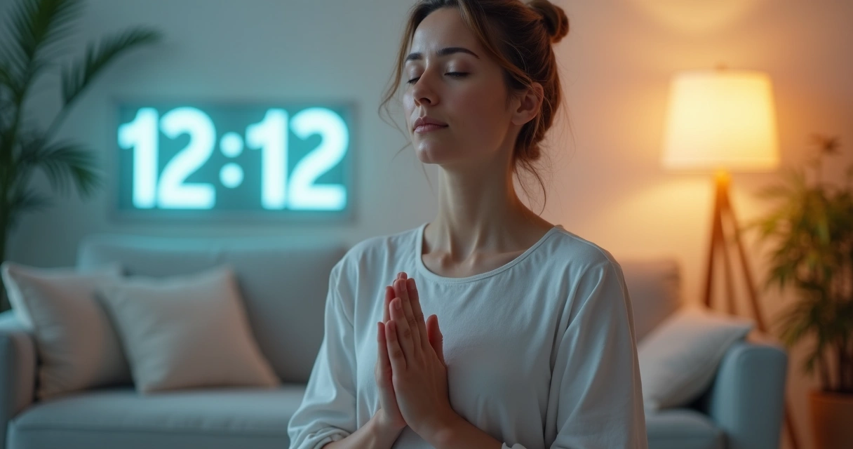 Mulher com olhos fechados sentada em posição de meditação, mãos unidas em prece, luz suave ao redor, relógio digital ao fundo marcando 12:12. 