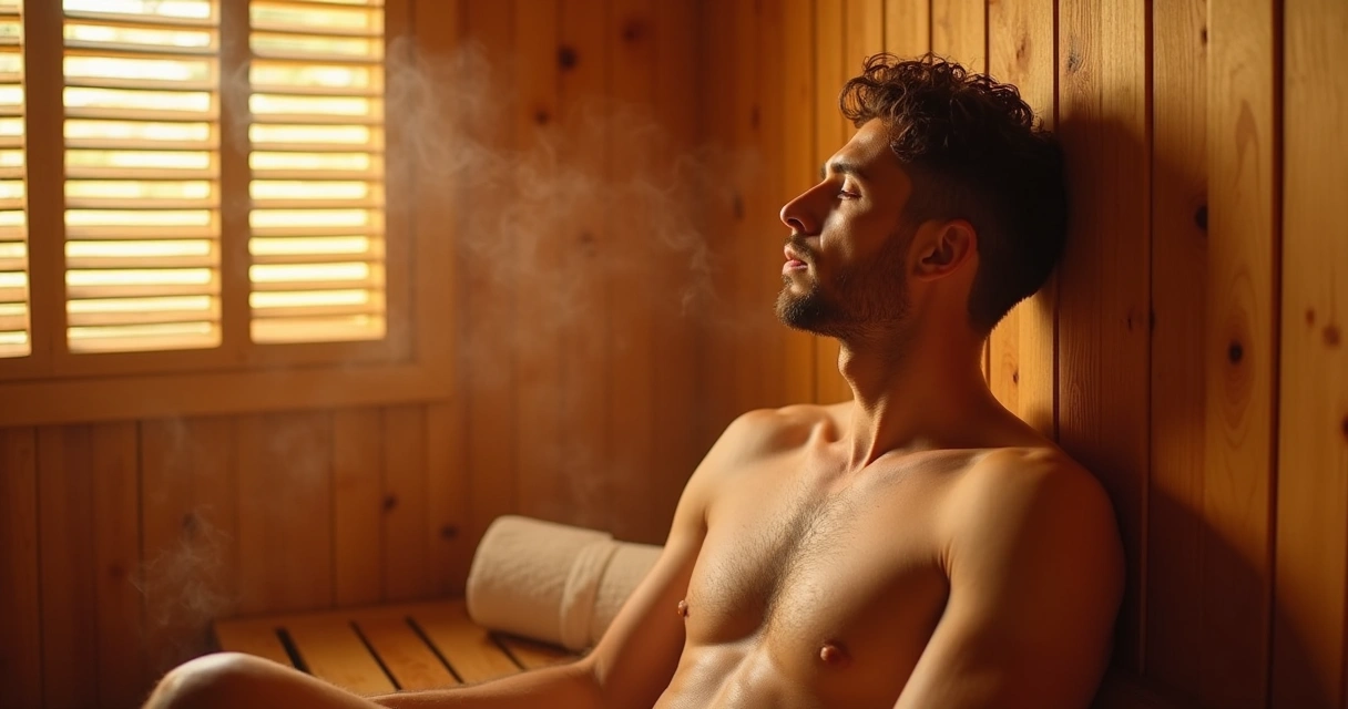 Homem sentado em sauna de madeira relaxando 