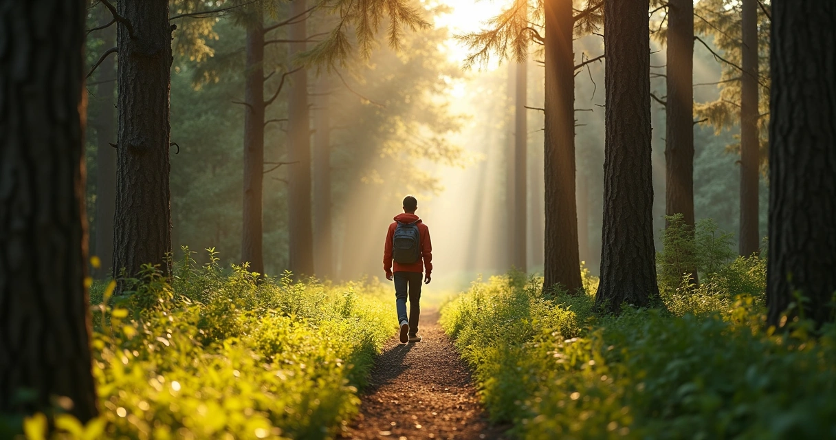 Pessoa caminhando em trilha arborizada com luz natural 