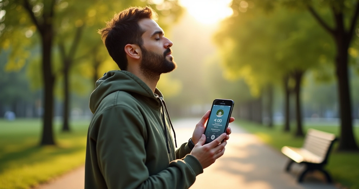 Pessoa praticando relaxamento ao ar livre com app de celular