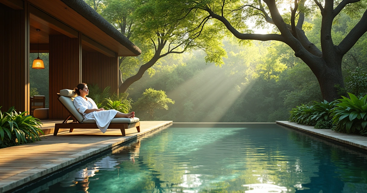 Pessoa relaxando em piscina natural cercada por árvores e verde 