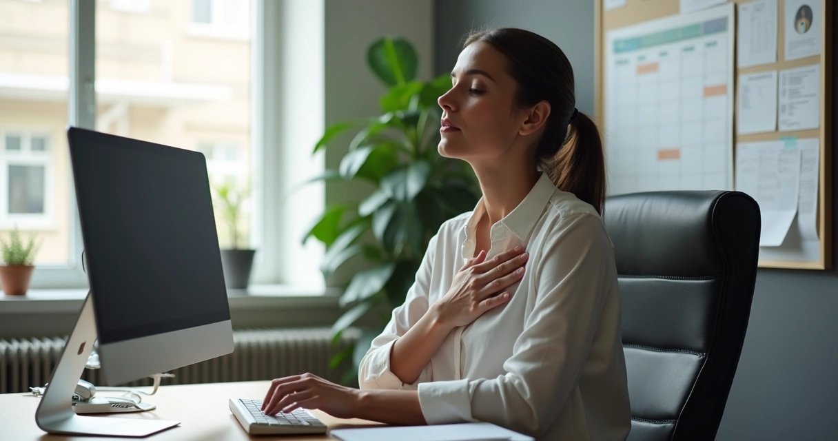 Pessoa praticando relaxamento em escritório após trabalho 