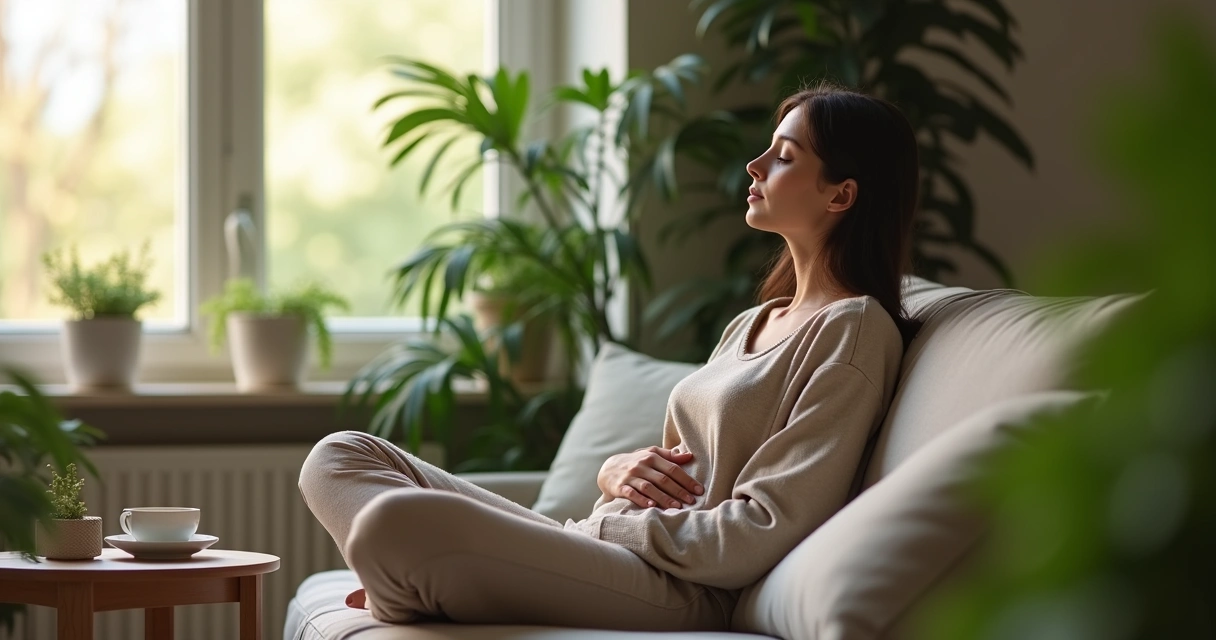Pessoa sentada com olhos fechados, praticando respiração profunda em ambiente calmo. 