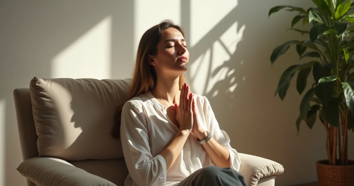 Pessoa relaxando, olhos fechados, com foco na respiração 