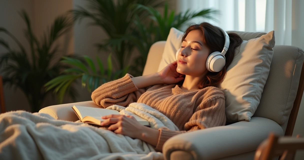 Jovem relaxando com fones de ouvido em ambiente confortável, aproveitando um momento de pausa dos estudos.