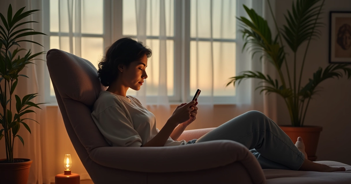 Pessoa relaxando olhando para um celular em ambiente tranquilo 