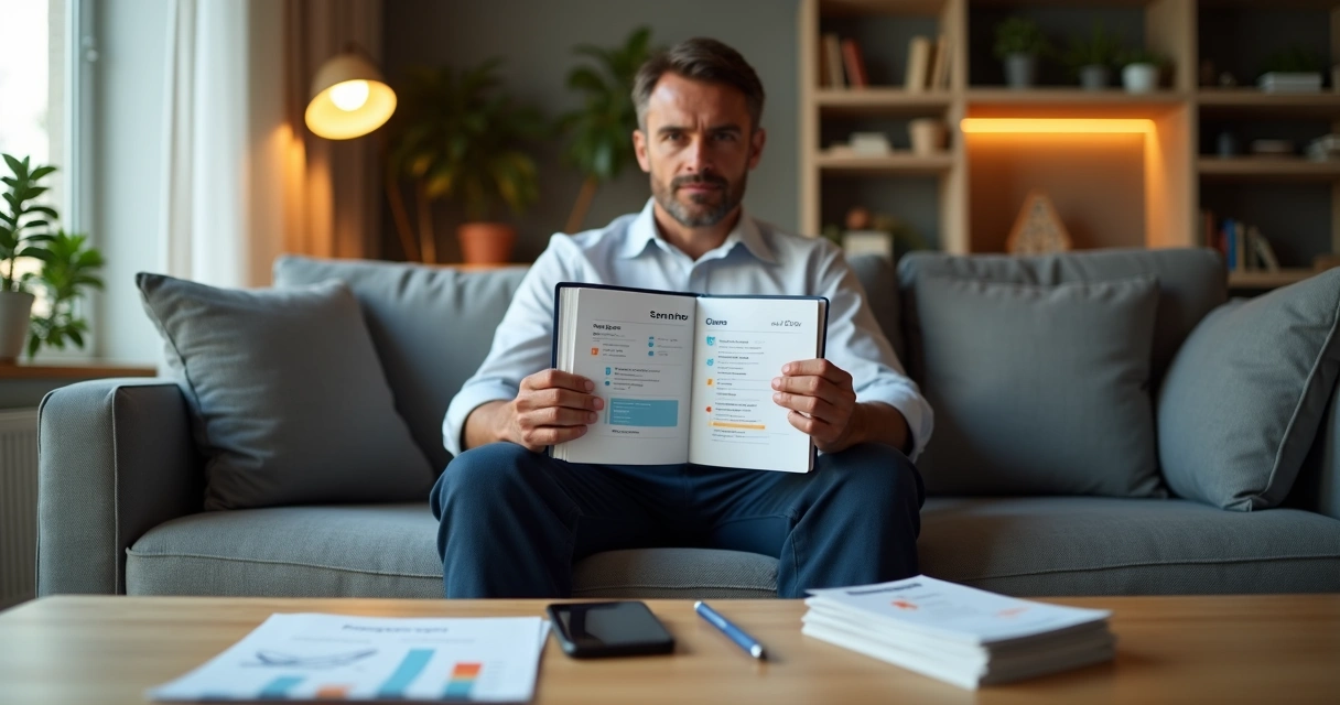 Adulto em sofá confortável segurando caderno com plano financeiro organizado 