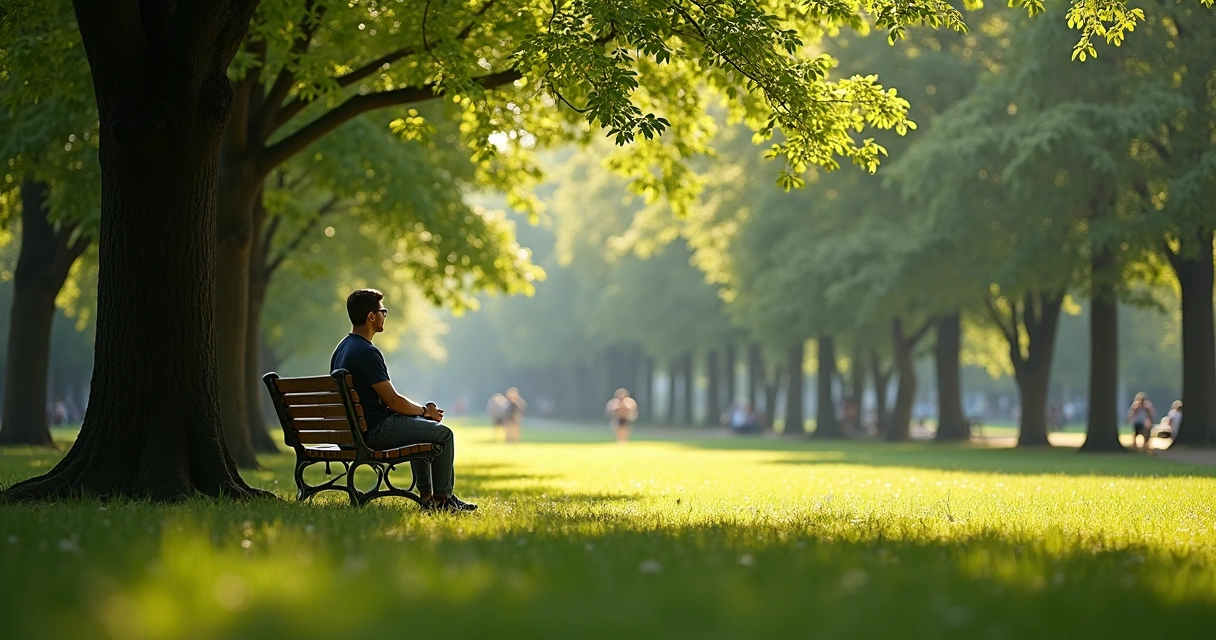 Person sitting quietly on bench in green park sunlight 