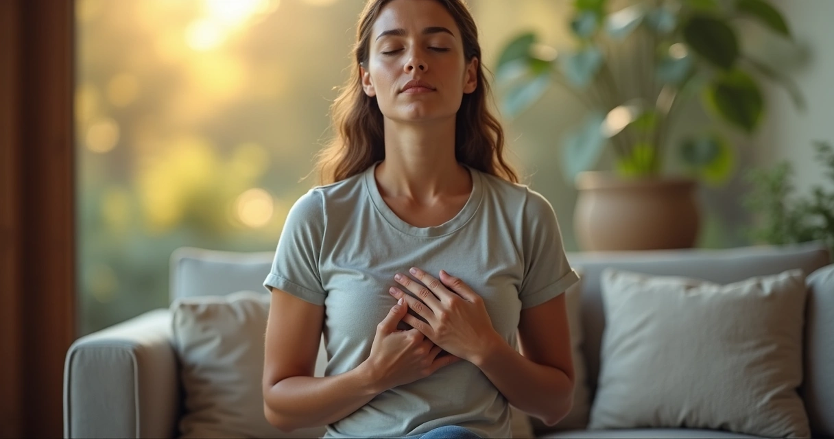 Person sitting calmly with eyes closed and hands on chest, showing relaxed breathing 