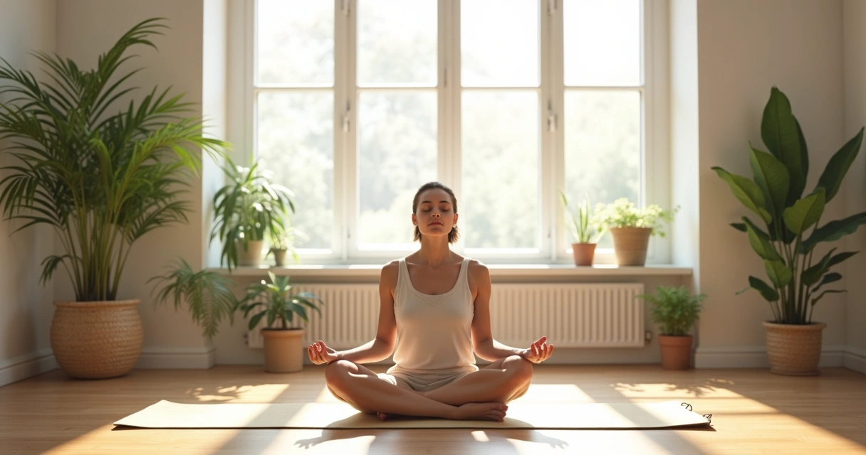 Person practicing mindful breathing in a sunlit room