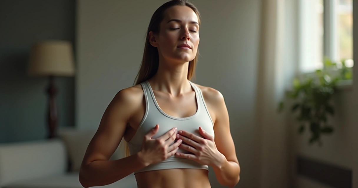 Person sitting calmly with closed eyes, hands on chest and abdomen, breathing deeply 