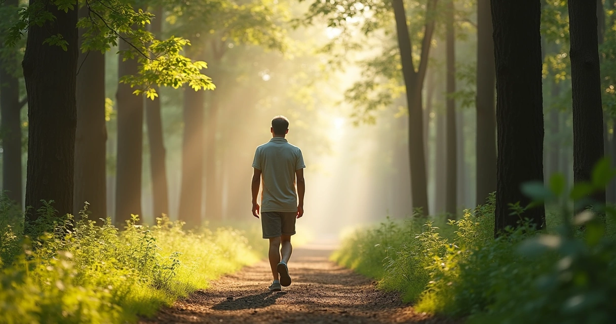 Person walking calmly along a forest path 