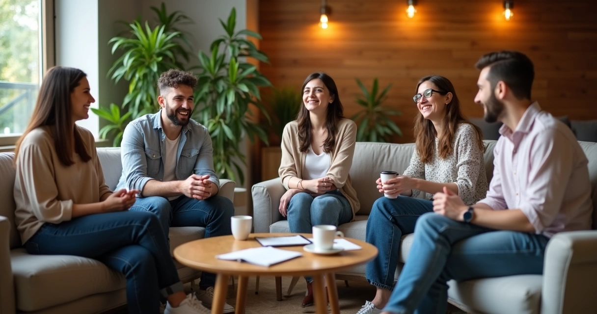 Relaxed team sitting in a casual meeting room