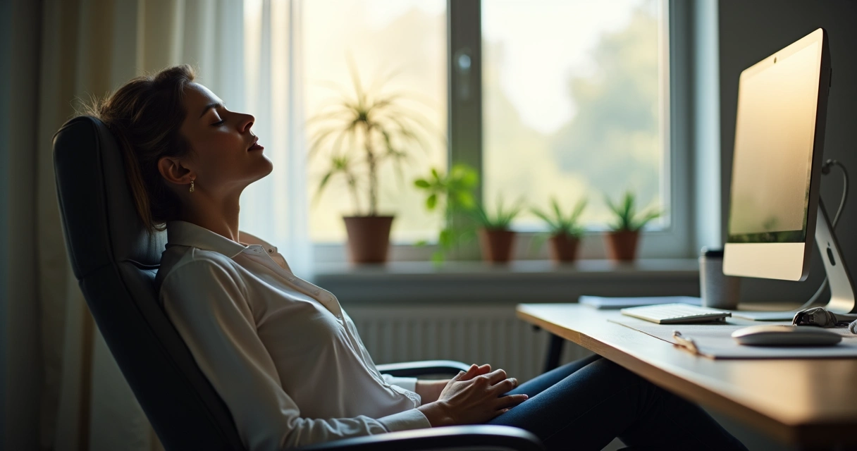 Person resting with closed eyes in an office chair near desk 