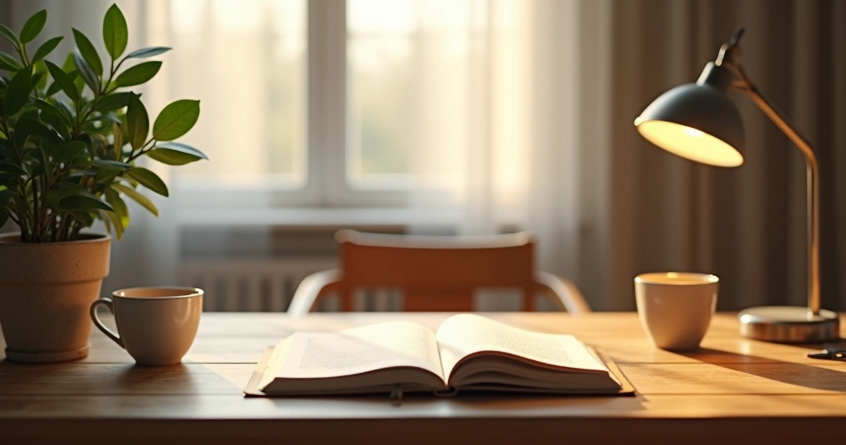 Relaxed workspace with a plant, notebook, and warm light 