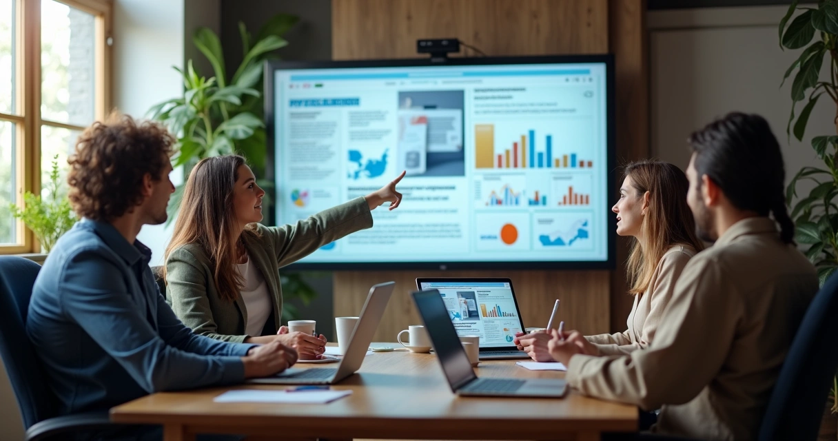 Equipe redigindo press releases em ambiente moderno 