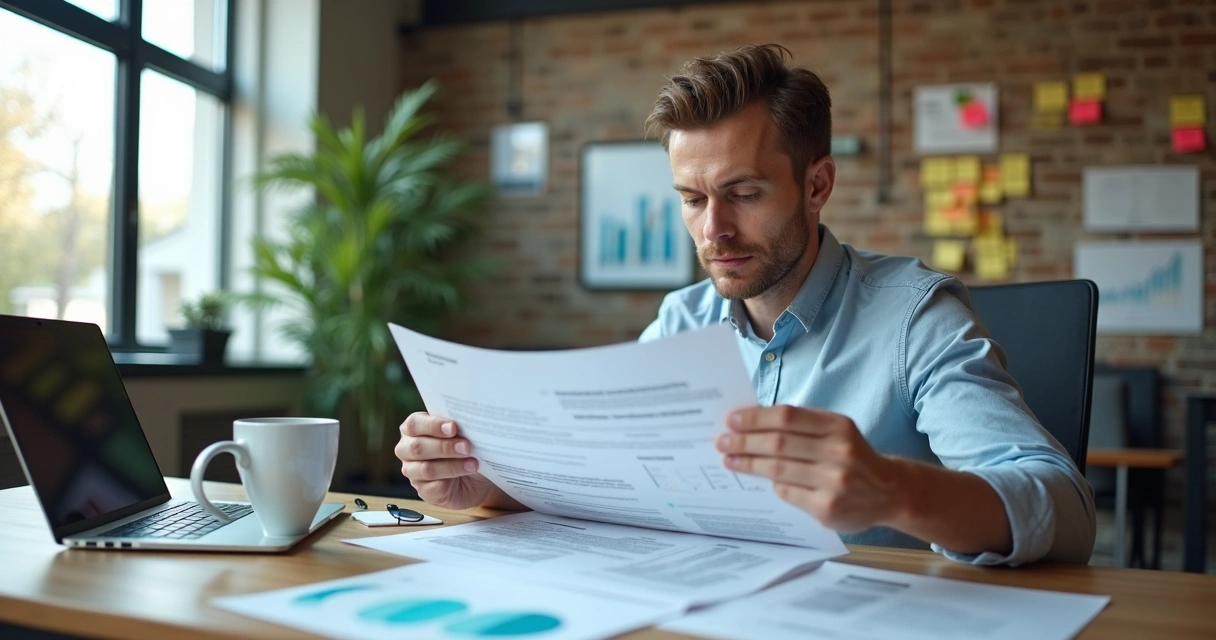 Profissional analisando press release em escritório com gráficos e notebook 