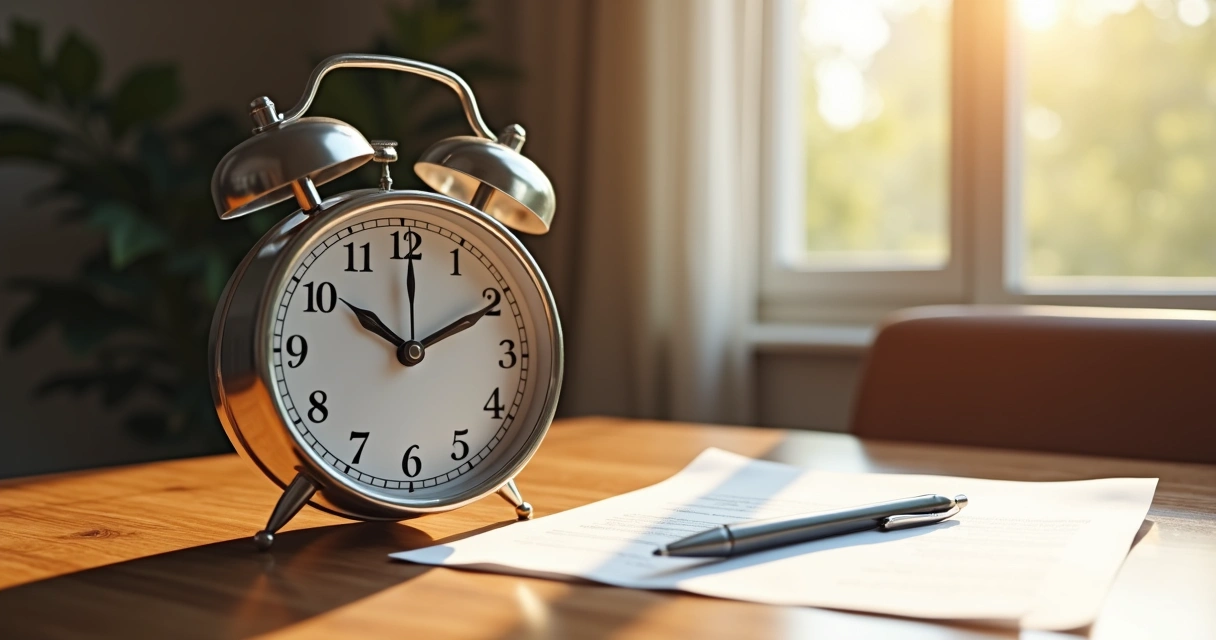 Relógio grande sobre uma mesa com luz suave, papéis e caneta ao lado. 