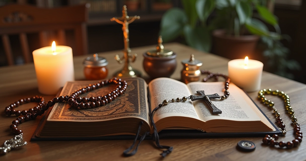 Símbolos religiosos católicos e afro-brasileiros juntos em mesa de madeira 