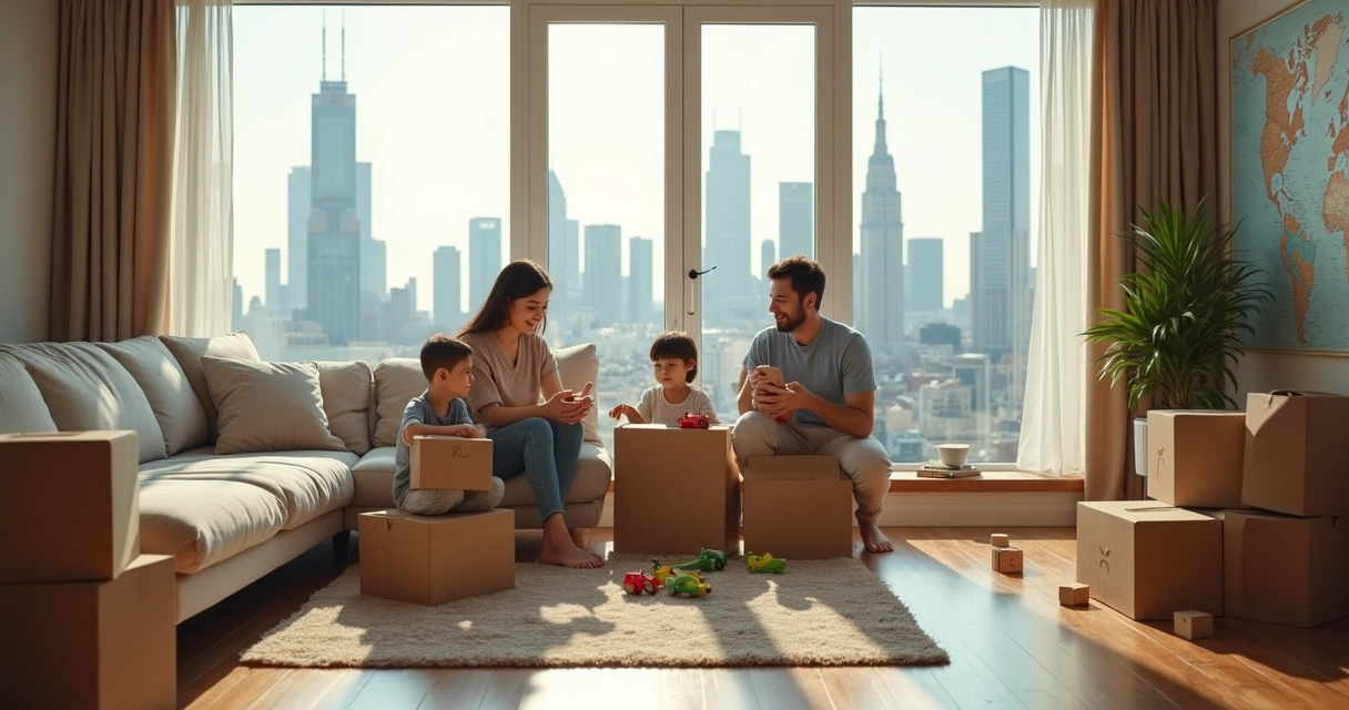 Family settling into a new home in a foreign city 