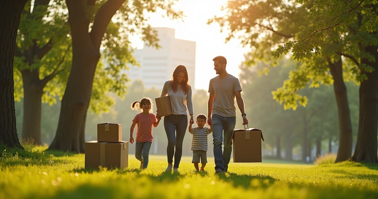 Family carrying boxes in a green outdoor area 