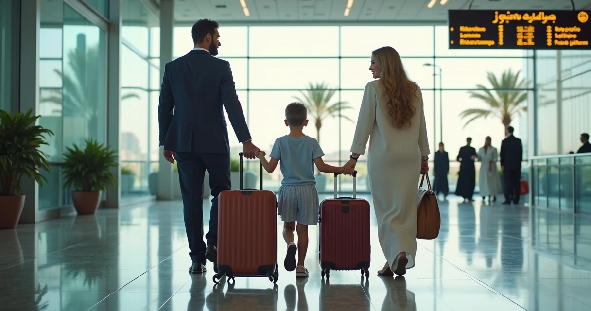Professional family arriving at airport with suitcases, greeted by local agent, Middle East airport surroundings 