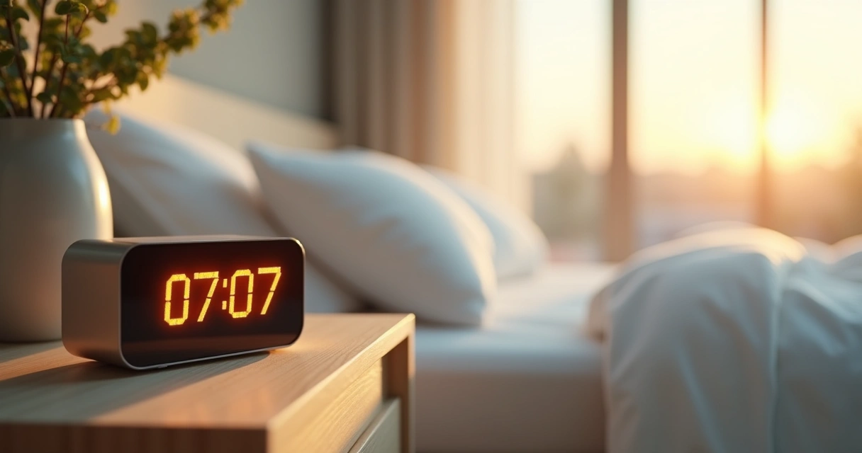 Relógio digital marcando 07:07 em ambiente calmo com raiz luminosa de energia ao redor 