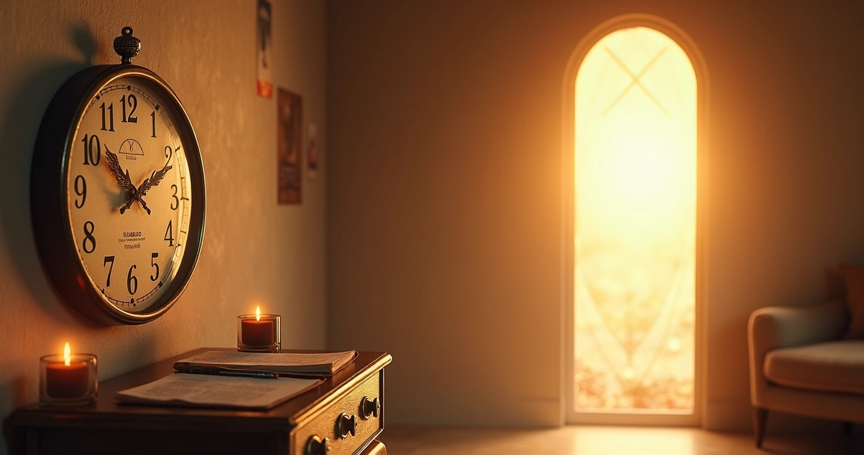 Relógio marcando 19h19 diante de porta luminosa simbólica 