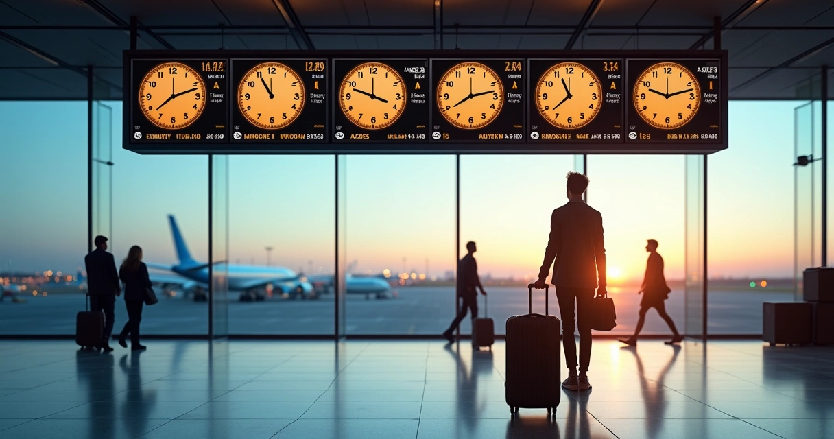 Passageira observa painel de partidas com relógios mostrando horários diferentes na Europa 
