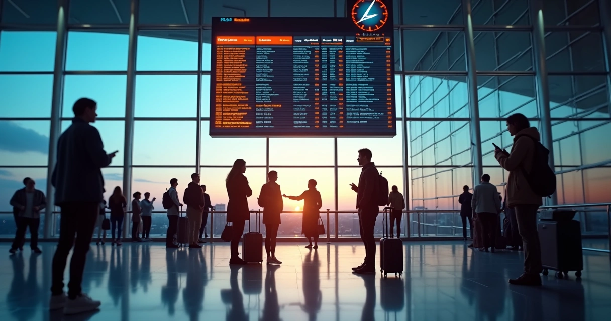 Relógio digital em aeroporto destacando horário de promoção relâmpago de voos 