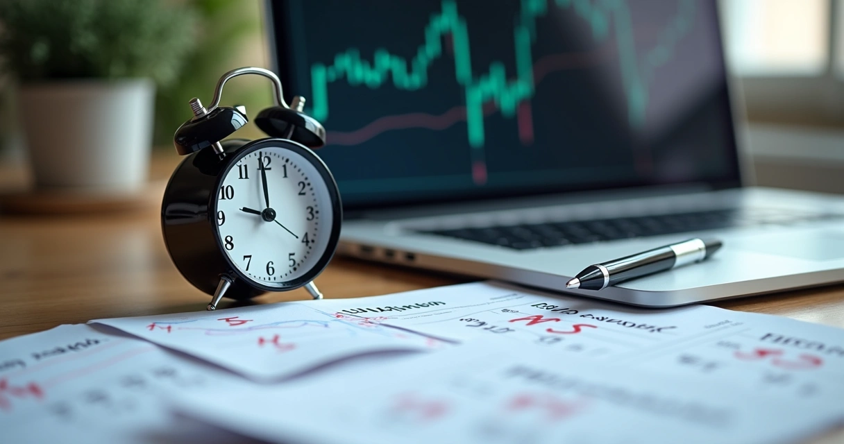 Relógio de alarme ao lado de folhas com notas sobre negociações. 