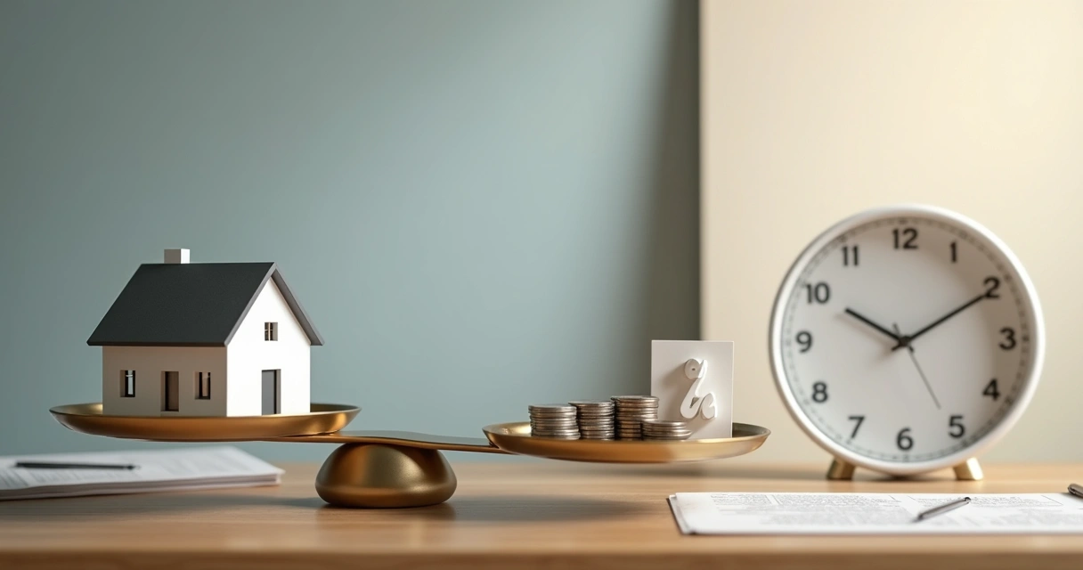 Relógio de parede e balança com miniatura de casa simbolizando decisão entre juros 