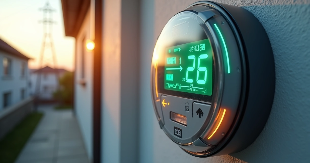 Relógio bidirecional de energia solar com dígitos verdes e fundo com símbolos de sol e rede elétrica 
