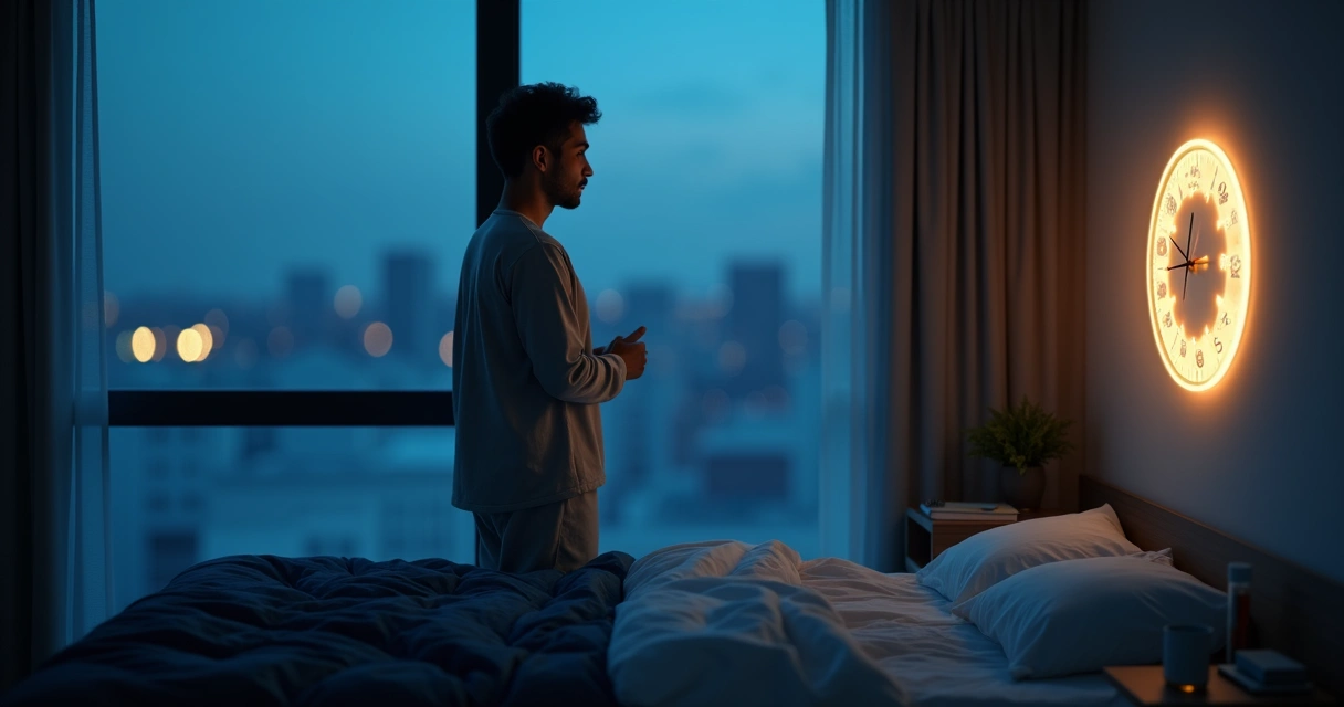 Pessoa observando grande relógio luminoso em quarto com luz suave noturna 