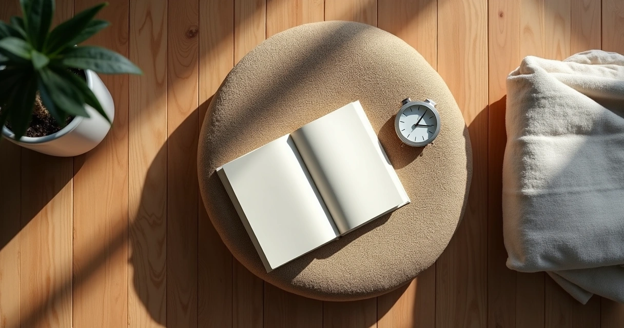 Relógio e caderno ao lado de almofada de meditação
