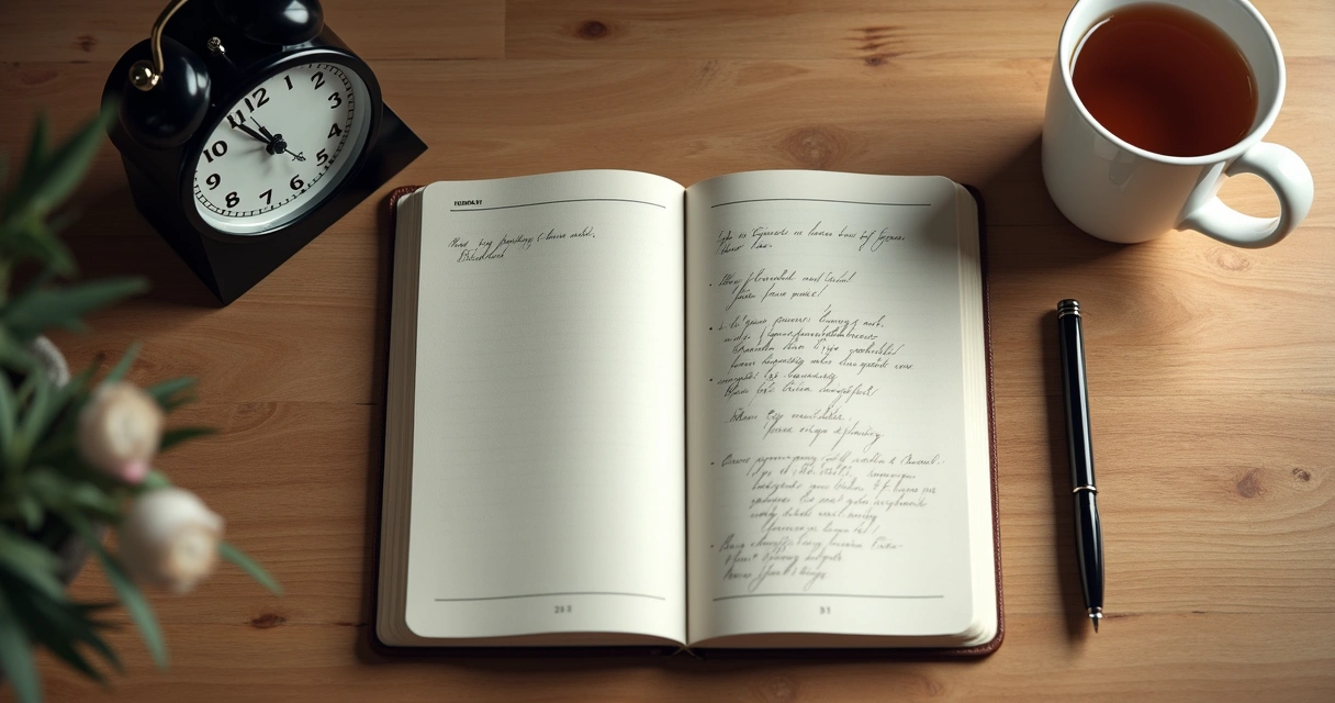 Relógio e caderno de reflexão sobre uma mesa