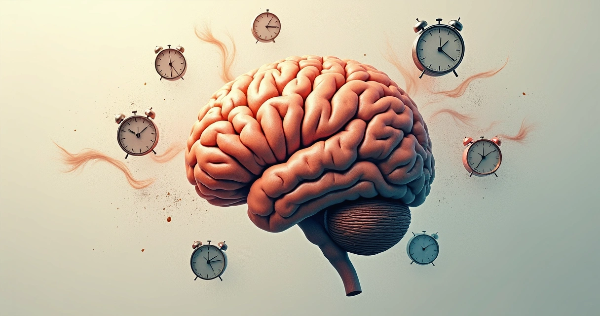 Desenho do cérebro rodeado por relógios e elementos visuais de passagem do tempo 