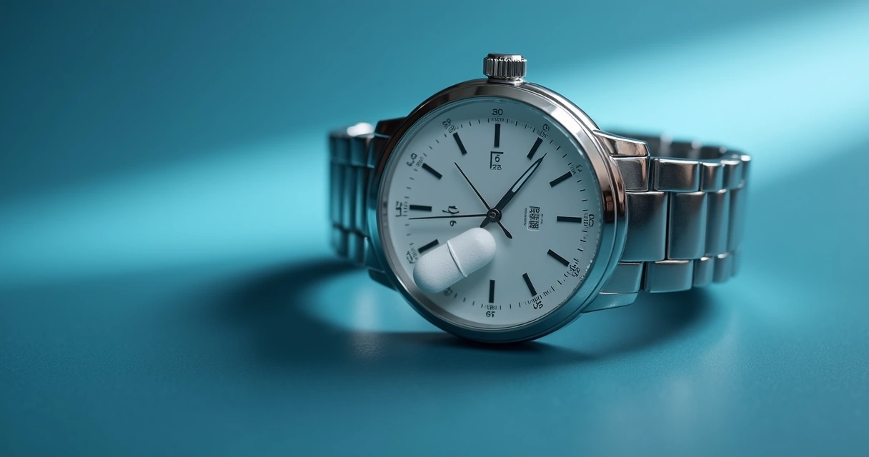 Relógio com comprimido branco sobre fundo azul 