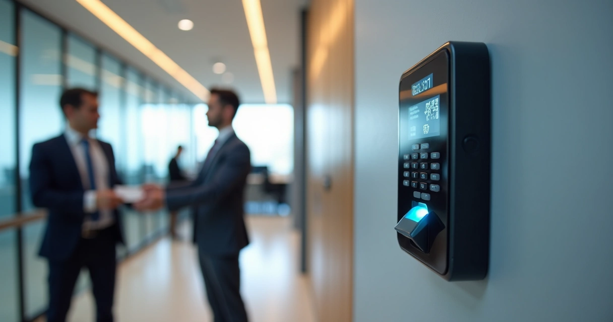 Relógio de ponto eletrônico biométrico em empresa moderna com funcionários registrando entrada 