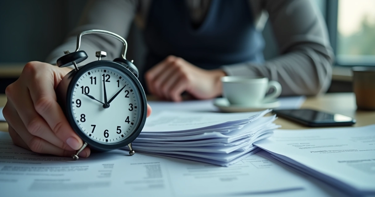 Relógio marcando hora e mão segurando papéis com aparência de urgência